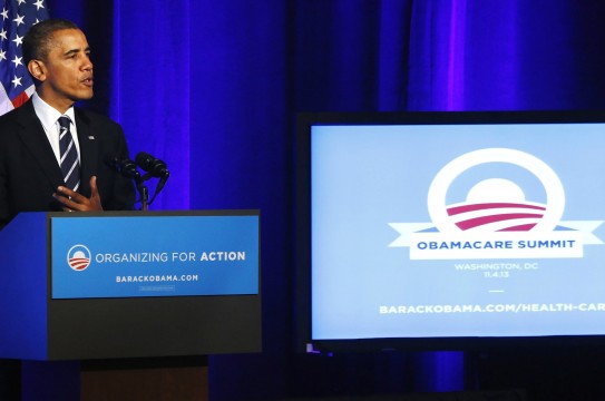 U.S. President Barack Obama delivers remarks on the Affordable Care Act, commonly known as Obamacare, at an Organizing for Action grassroots supporter event in Washington, in this November 4, 2013, file photo.  New Year's Day will bring a fresh test for President Barack Obama's healthcare overhaul, as hundreds of thousands of Americans will begin to use the program's new medical coverage for the first time. REUTERS/Jonathan Ernst/Files  (UNITED STATES - Tags: POLITICS HEALTH)